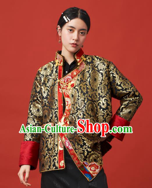 Chinese Zang Nationality Outer Garment Clothing Tibetan Ethnic Black Brocade Jacket