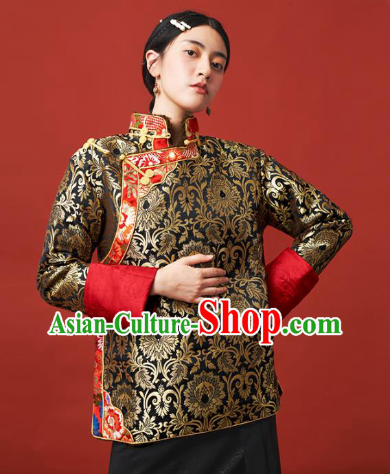 Chinese Zang Nationality Outer Garment Clothing Tibetan Ethnic Black Brocade Jacket