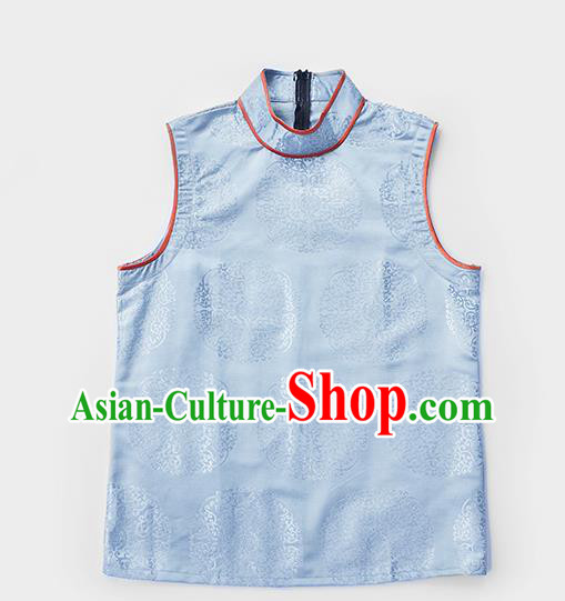 Chinese Tibetan Ethnic Light Blue Brocade Waistcoat Zang Nationality Vest Clothing