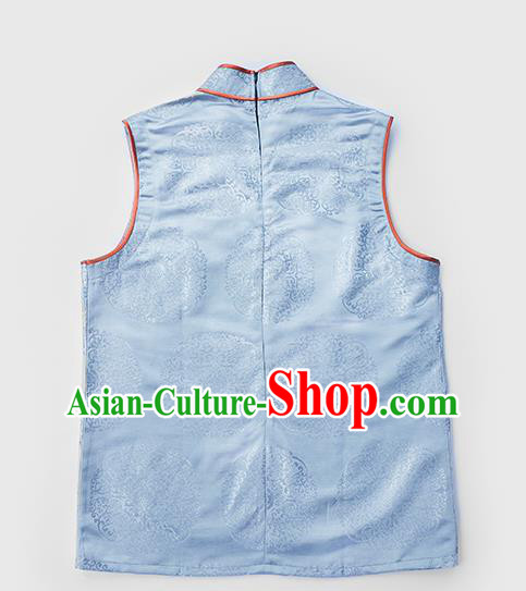 Chinese Tibetan Ethnic Light Blue Brocade Waistcoat Zang Nationality Vest Clothing