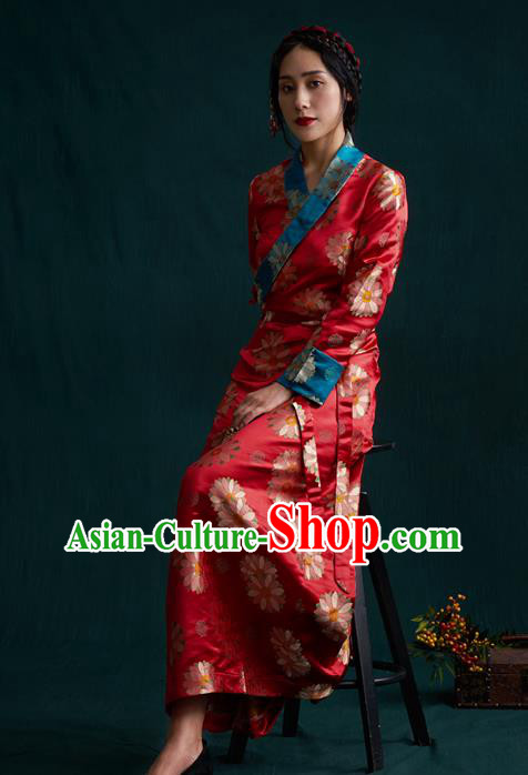 China Tibetan Ethnic Woman Folk Dance Clothing Zang Nationality Red Brocade Bola Dress