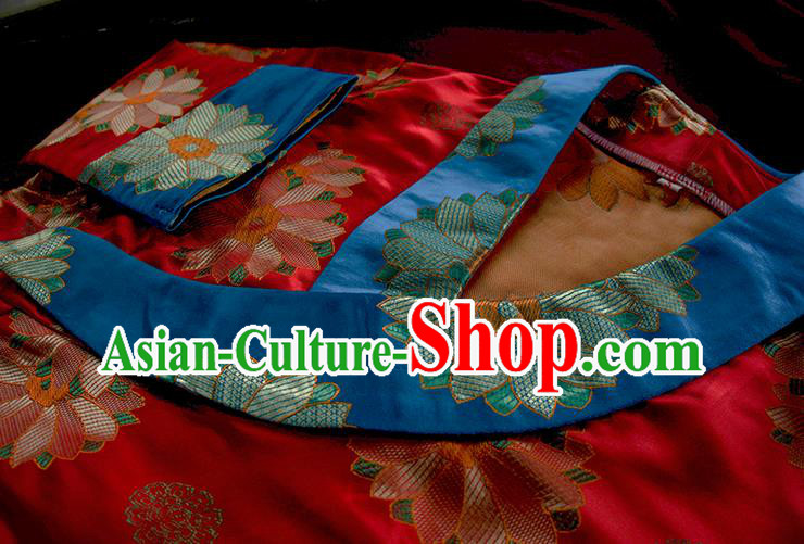 China Tibetan Ethnic Woman Folk Dance Clothing Zang Nationality Red Brocade Bola Dress