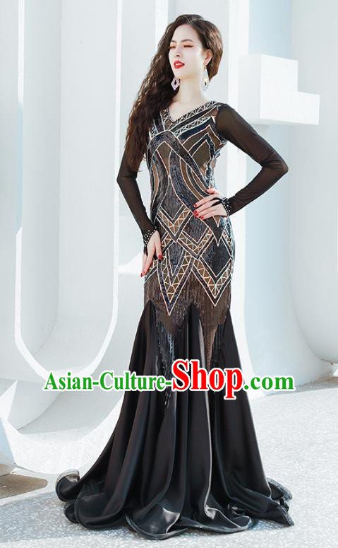 India Traditional Belly Dance Clothing Asian Oriental Dance Black Fishtail Dress