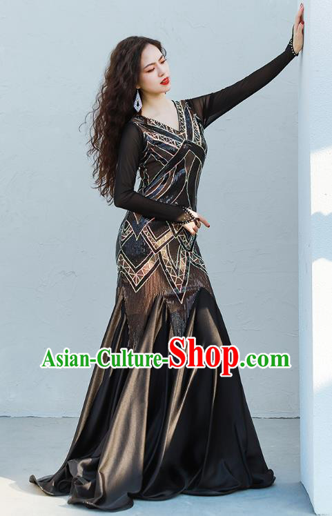 India Traditional Belly Dance Clothing Asian Oriental Dance Black Fishtail Dress