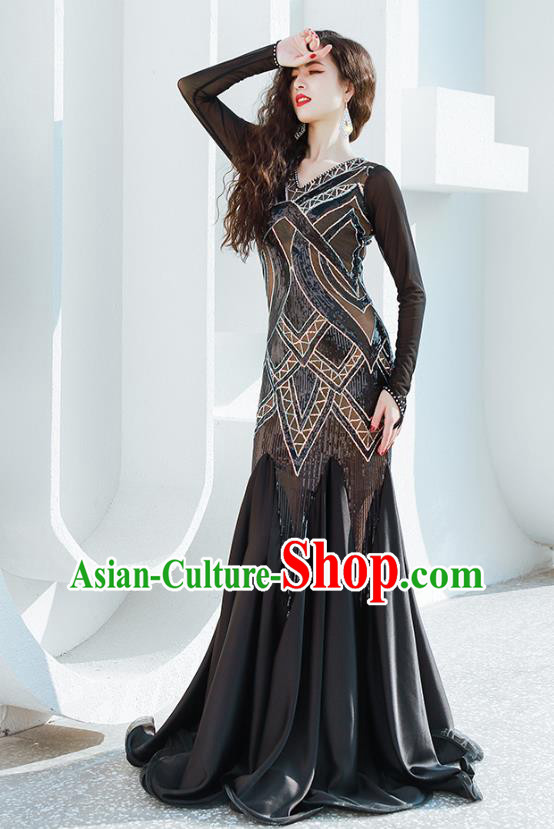 India Traditional Belly Dance Clothing Asian Oriental Dance Black Fishtail Dress