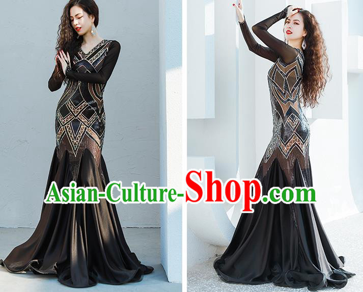 India Traditional Belly Dance Clothing Asian Oriental Dance Black Fishtail Dress