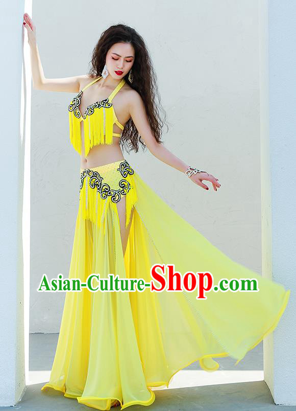 Indian Belly Dance Luxury Outfits Traditional Asian Oriental Dance Group Dance Clothing Yellow Tassel Bra and Skirt