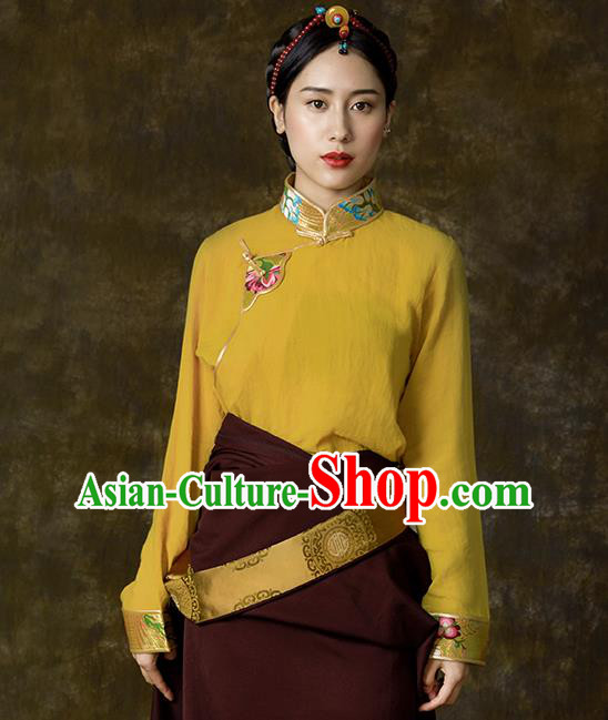 Chinese Tibetan Ethnic Yellow Blouse Zang Nationality Embroidered Shirt Clothing