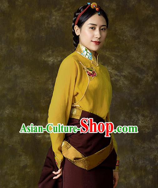 Chinese Tibetan Ethnic Yellow Blouse Zang Nationality Embroidered Shirt Clothing