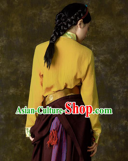 Chinese Tibetan Ethnic Yellow Blouse Zang Nationality Embroidered Shirt Clothing