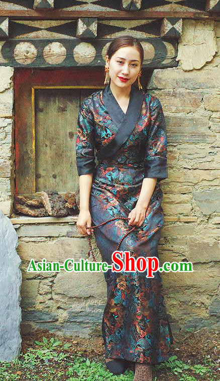 China Zang Nationality Navy Brocade Bola Dress Clothing Tibetan Ethnic Woman Costume