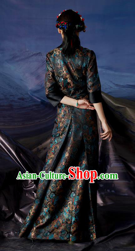 China Zang Nationality Navy Brocade Bola Dress Clothing Tibetan Ethnic Woman Costume
