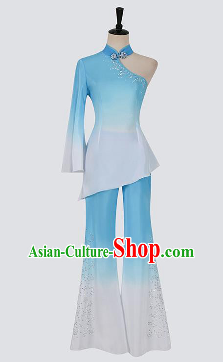 Chinese Folk Dance Blue Outfits Woman Fan Dance Yangko Dance Clothing