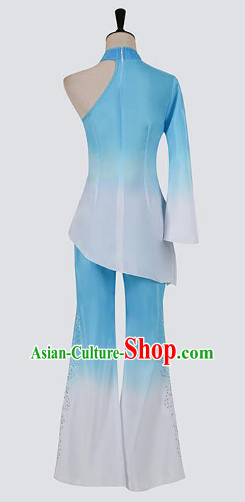 Chinese Folk Dance Blue Outfits Woman Fan Dance Yangko Dance Clothing