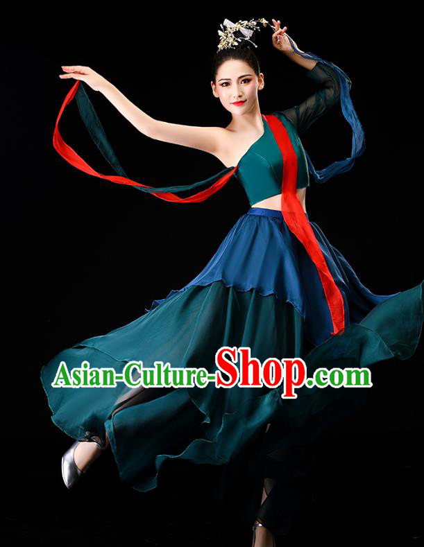 China Classical Dance Clothing Fan Dance Opening Dance Deep Green Outfits