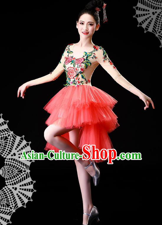 China Jazz Dance Stage Performance Costume Modern Dance Embroidered Pink Bubble Dress
