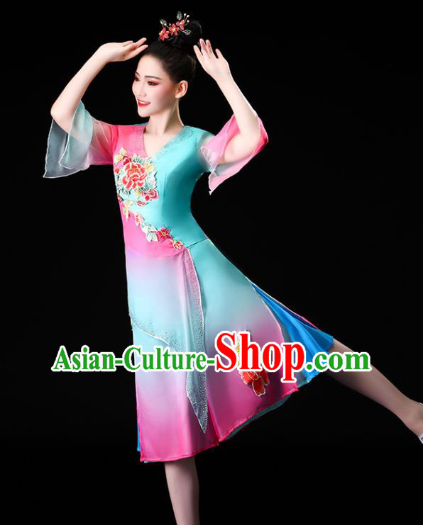 Chinese Traditional Folk Dance Clothing Asian Yangko Dance Performance Embroidered Blue Outfits