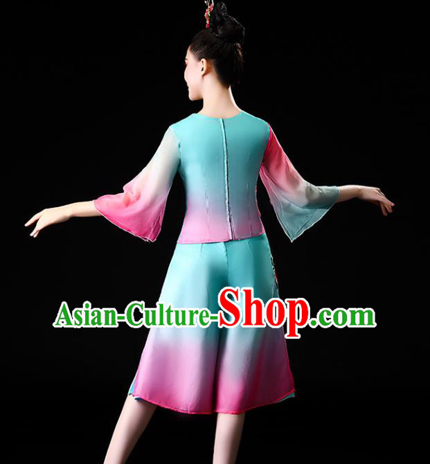 Chinese Traditional Folk Dance Clothing Asian Yangko Dance Performance Embroidered Blue Outfits