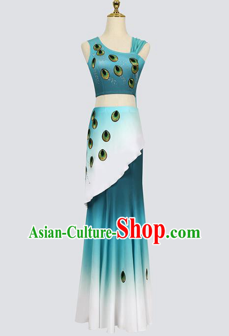 China Traditional Yunnan Ethnic Stage Performance Clothing Dai Nationality Peacock Dance Blue Outfits Costumes