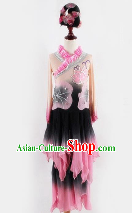 Chinese Classical Dance Pink Outfits Lotus Dance Stage Performance Clothing and Headwear