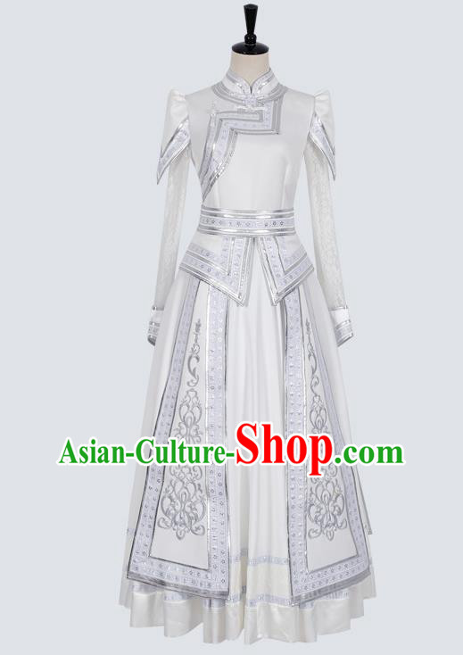China Traditional Mongolian Ethnic Stage Performance Clothing Mongol Nationality Wedding White Dress Costume