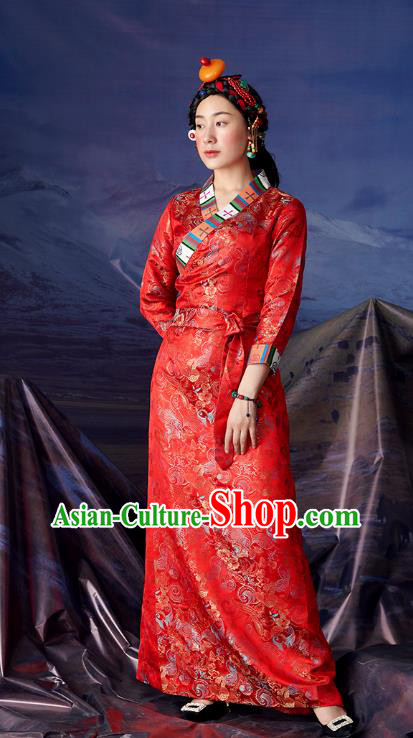 China Tibetan Ethnic Woman Stage Performance Costume Zang Nationality Red Brocade Bola Dress Clothing