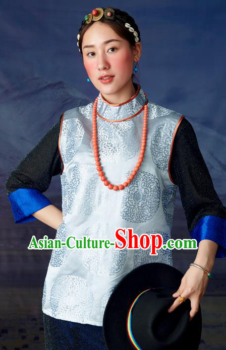 Chinese Tibetan Ethnic Light Blue Brocade Waistcoat Zang Nationality Vest Clothing