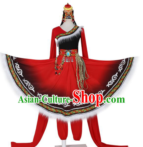 China Traditional Tibetan Ethnic Folk Dance Clothing Zang Nationality Water Sleeve Red Dress Outfits and Headwear