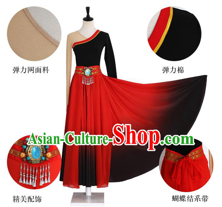 China Traditional Zang Ethnic Folk Dance Clothing Tibetan Nationality Red Dress Outfits
