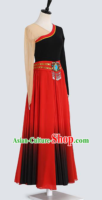 China Traditional Zang Ethnic Folk Dance Clothing Tibetan Nationality Red Dress Outfits