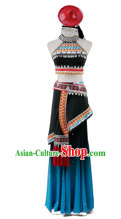 China Traditional Yunnan Ethnic Peacock Dance Clothing Dai Nationality Dress Outfits and Hat
