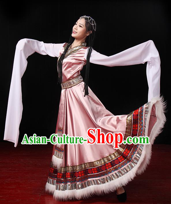 China Traditional Zang Ethnic Stage Performance Clothing Tibetan Nationality Pink Dress Outfits
