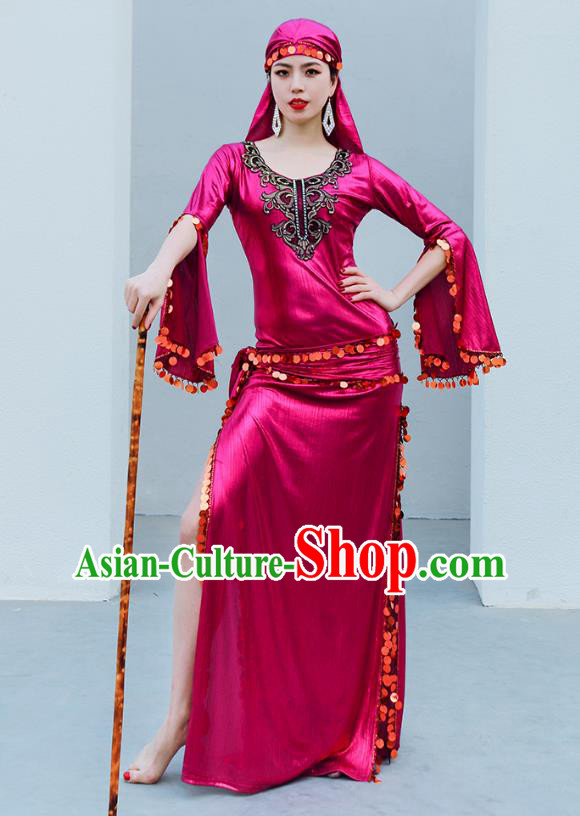 Asian Oriental Dance Raks Sharki Stage Performance Costume Indian Traditional Belly Dance Rosy Robe and Headpiece