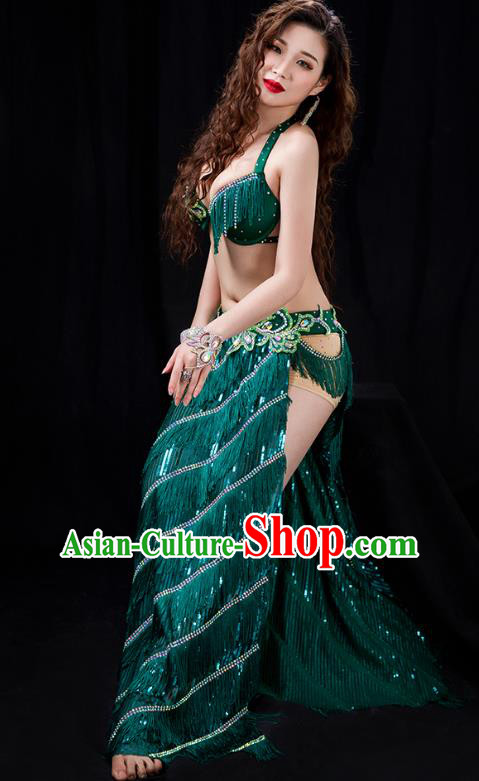 Traditional Asian Oriental Dance Stage Performance Costumes Indian Belly Dance Competition Green Tassel Bra and Skirt Sexy Uniforms