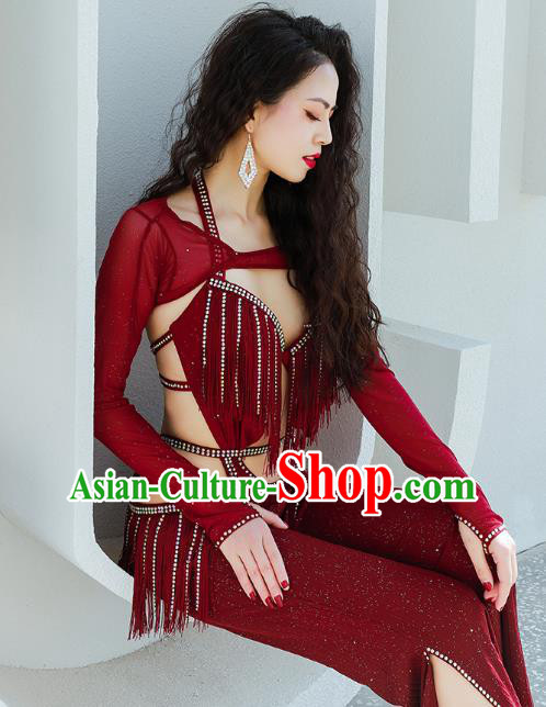 Asian Indian Belly Dance Wine Red Uniforms Traditional Raks Sharki Oriental Dance Jumpsuit Costume