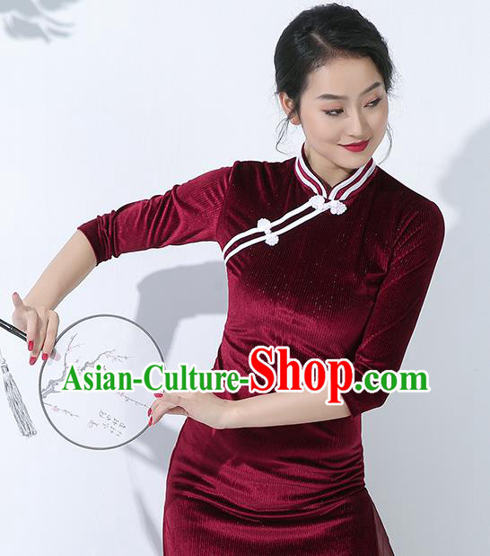China Traditional Palace Fan Dance Stage Performance Clothing Classical Dance Wine Red Qipao Dress