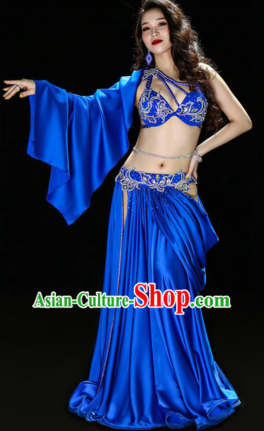 Indian Belly Dance Performance Blue Satin Outfits Traditional Asian Oriental Dance Bra and Skirt Costumes