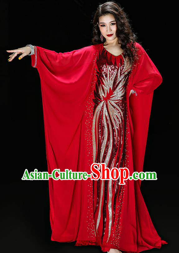 Traditional Indian Belly Dance Performance Embroidered Sequins Robe Asian Oriental Dance Red Dress Costume
