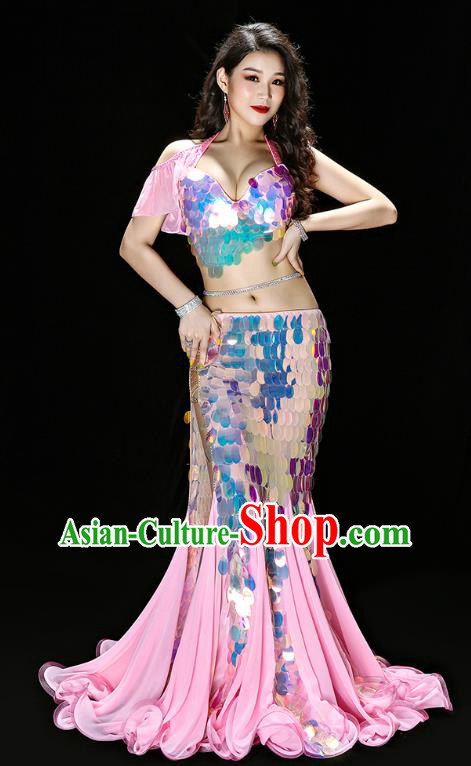 Asian Oriental Dance Sequins Pink Fishtail Dress Traditional Indian Belly Dance Group Performance Costume
