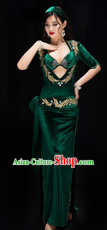 Traditional Indian Belly Dance Green Bra and Velvet Robe Costume Asian Oriental Dance Outfits