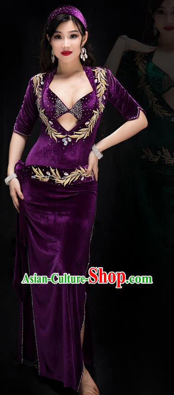 Traditional Indian Belly Dance Stage Performance Bra and Robe Costume Asian Oriental Dance Purple Velvet Outfits