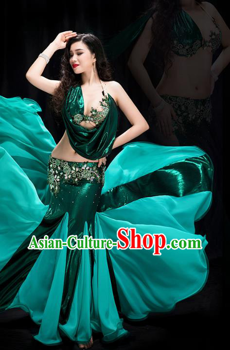 Traditional Asian Oriental Dance Green Outfits Indian Belly Dance Stage Performance Bra and Skirt Costume