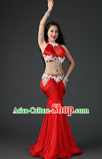 Traditional Indian Belly Dance Sexy Red Outfits Clothing Asian Oriental Dance Bra and Fishtail Skirt