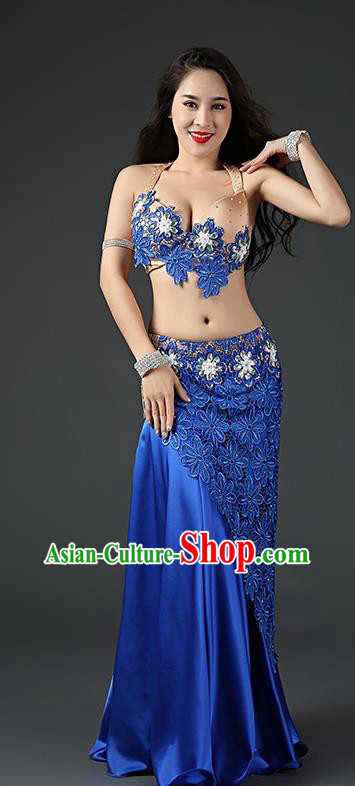 Traditional Indian Belly Dance Stage Performance Outfits Clothing Asian Oriental Dance Embroidered Bra and Royalblue Skirt
