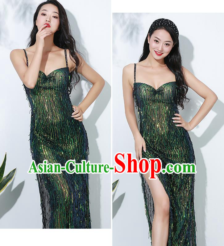 Asian Indian Belly Dance Green Tassel Dress Traditional Oriental Dance Performance Costumes