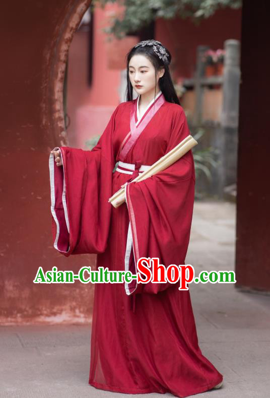 China Ancient Palace Lady Red Hanfu Dress Apparels Traditional Jin Dynasty Historical Clothing