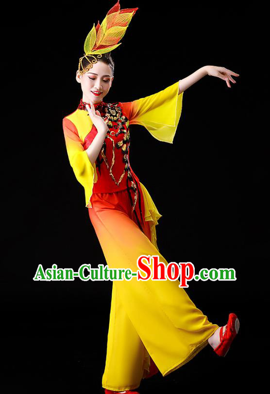 Chinese Traditional Folk Dance Fan Dance Clothing Yangko Dance Performance Yellow Outfits