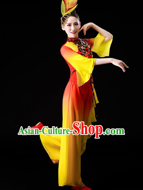 Chinese Traditional Folk Dance Fan Dance Clothing Yangko Dance Performance Yellow Outfits