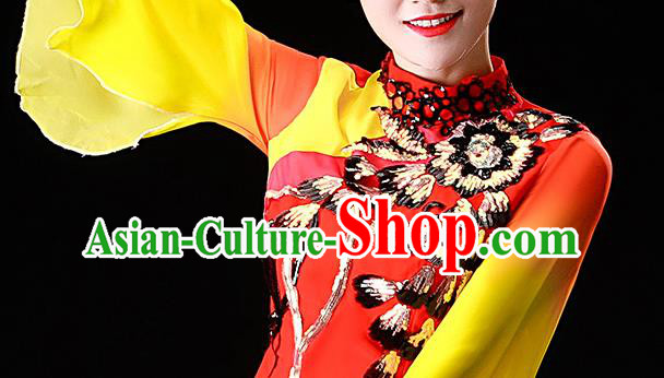 Chinese Traditional Folk Dance Fan Dance Clothing Yangko Dance Performance Yellow Outfits