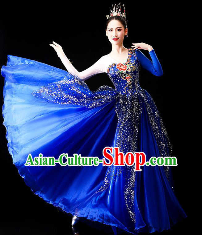 China Chorus Group Costume Spring Festival Gala Opening Dance Royalblue Dress Classical Dance Clothing